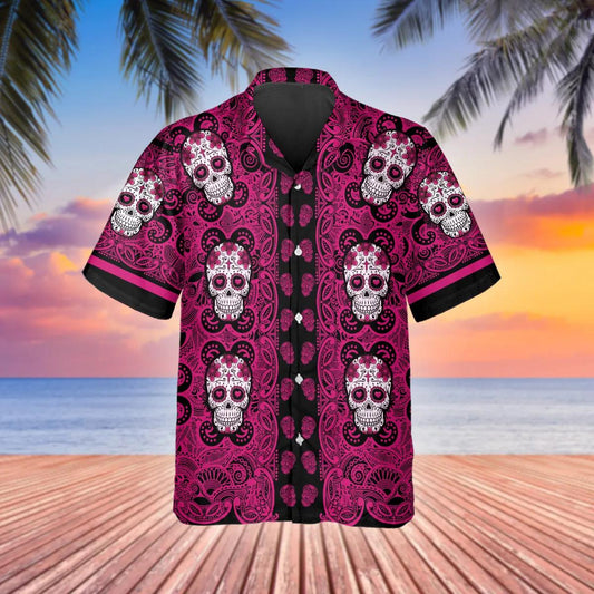 Pink Pattern Color Skull Hawaiian Shirt, Hawaiian Button Up Shirt, Tropical Shirts For Men Moonbestprint