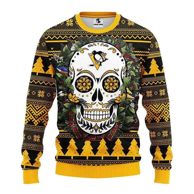 Pittsburgh Penguins Skull Flower Ugly Christmas Sweater, NHL Christmas Sweater Moonbestprint