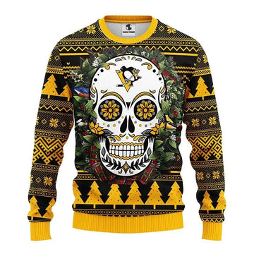 Pittsburgh Penguins Skull Flower Ugly Christmas Sweater, NHL Christmas Sweater Moonbestprint