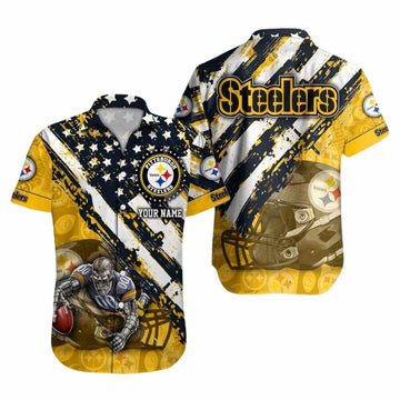 Pittsburgh Steelers American Flag And Mascot Hawaiian Shirt - Moonbestprint