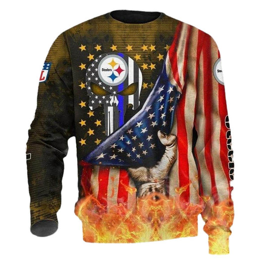 Pittsburgh Steelers American Flag Skull AOP Sweatshirt - Moonbestprint