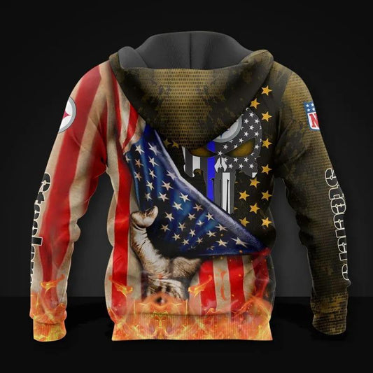 Pittsburgh Steelers American Flag Skull All Over Print Hoodie, NFL Hoodie Moonbestprint