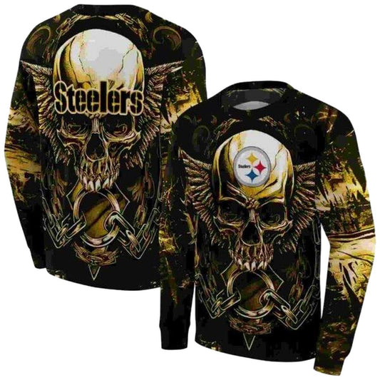 Pittsburgh Steelers Angel Skull Artwork Gold Black AOP Sweatshirt - Moonbestprint