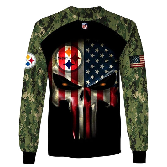 Pittsburgh Steelers Army Camouflage American Flag Punisher Skull AOP Sweatshirt - Moonbestprint