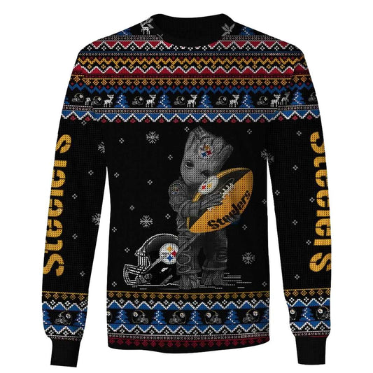 Pittsburgh Steelers Baby Groot Hug Ball Ugly Sweater AOP Sweatshirt - Moonbestprint