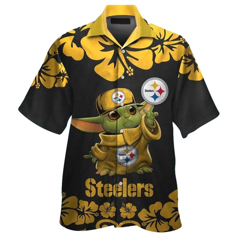 Pittsburgh Steelers Baby Yoda And Logo Hibiscus Hawaiian Shirt - Moonbestprint