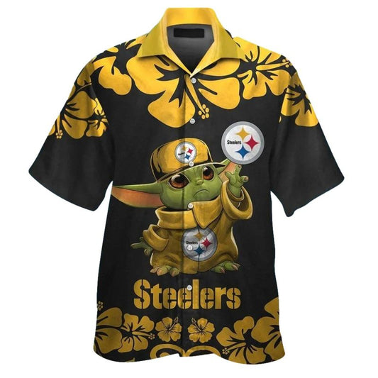 Pittsburgh Steelers Baby Yoda And Logo Hibiscus Hawaiian Shirt - Moonbestprint