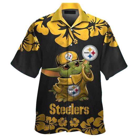Pittsburgh Steelers Baby Yoda And Logo Hibiscus Hawaiian Shirt - Moonbestprint
