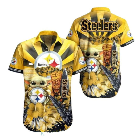 Pittsburgh Steelers Baby Yoda And Tiki Sunset Hawaiian Shirt - Moonbestprint