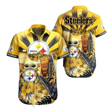Pittsburgh Steelers Baby Yoda And Tiki Sunset Hawaiian Shirt - Moonbestprint