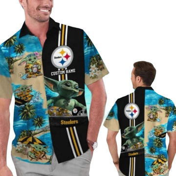 Pittsburgh Steelers Baby Yoda On The Beach Hawaiian Shirt - Moonbestprint