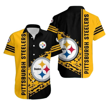 Pittsburgh Steelers Black And Gold Bold Stripe Big Logo Design Hawaiian Shirt - Moonbestprint