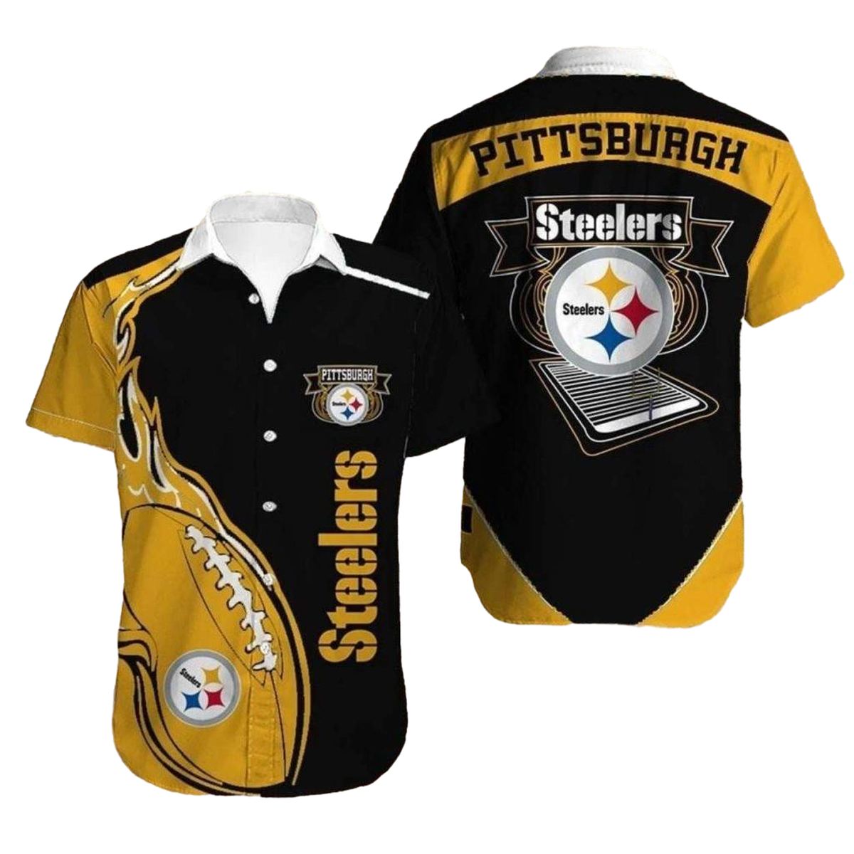 Pittsburgh Steelers Black And Gold Flaming Football Hawaiian Shirt - Moonbestprint