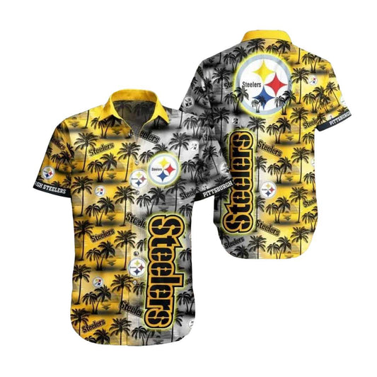Pittsburgh Steelers Black And Gold Palm Sunset Coconut Tree Pattern Hawaiian Shirt - Moonbestprint