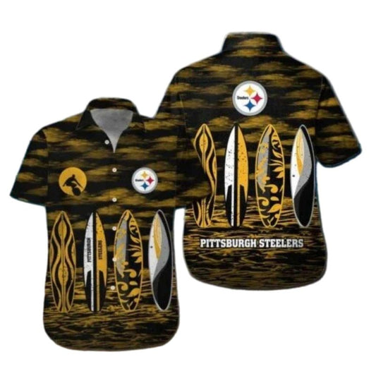 Pittsburgh Steelers Black And Gold Surfboard Art Hawaiian Shirt - Moonbestprint