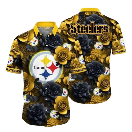 Pittsburgh Steelers Bold Floral Black And Gold Hawaiian Shirt - Moonbestprint