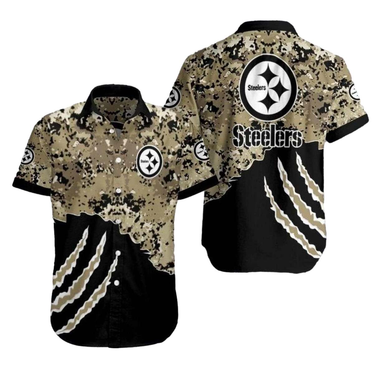 Pittsburgh Steelers Camouflage Blitz Military Inspired Hawaiian Shirt - Moonbestprint