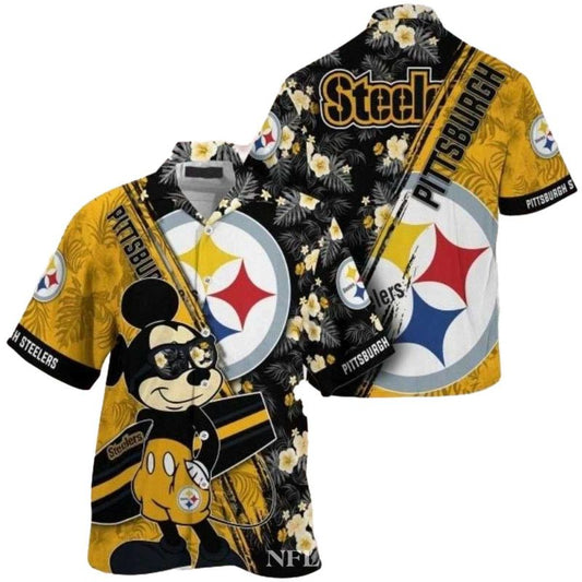 Pittsburgh Steelers Cartoon Character Mickey Surfing Floral Hawaiian Shirt - Moonbestprint