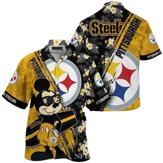 Pittsburgh Steelers Cartoon Character Mickey Surfing Floral Hawaiian Shirt - Moonbestprint