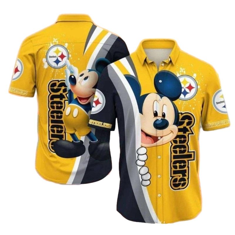 Pittsburgh Steelers Cartoon Icon Yellow Stripe Mickey Hawaiian Shirt - Moonbestprint