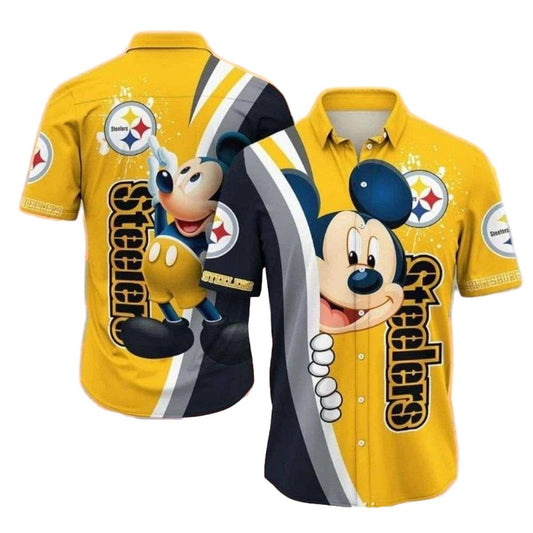 Pittsburgh Steelers Cartoon Icon Yellow Stripe Mickey Hawaiian Shirt - Moonbestprint