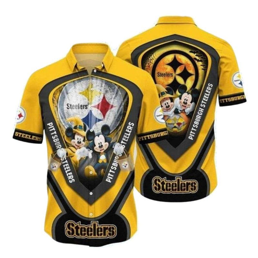 Pittsburgh Steelers Character Beach Scene Mickey And Minnie Hawaiian Shirt - Moonbestprint
