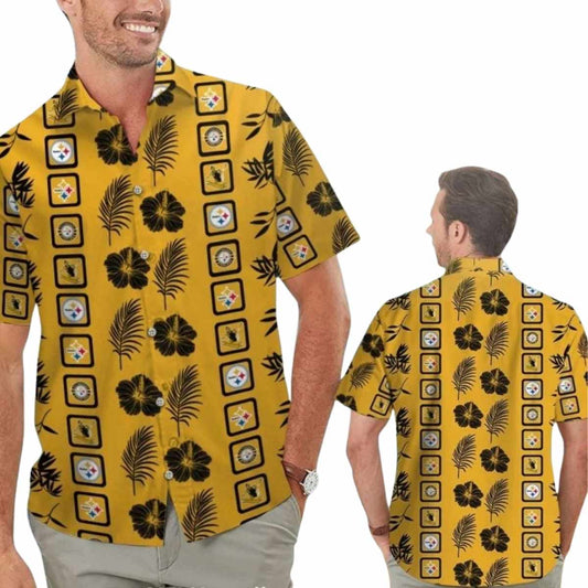 Pittsburgh Steelers Characters Gold With Floral And Palm Leaf Hawaiian Shirt - Moonbestprint