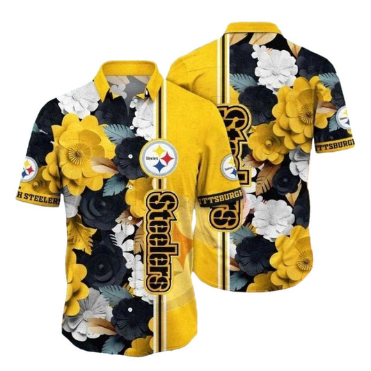Pittsburgh Steelers Contrast Floral Emblem Hawaiian Shirt - Moonbestprint