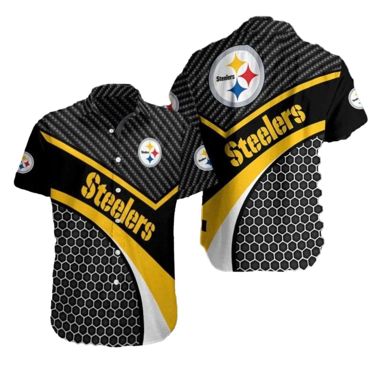 Pittsburgh Steelers Curtain Black Hex Hawaiian Shirt - Moonbestprint