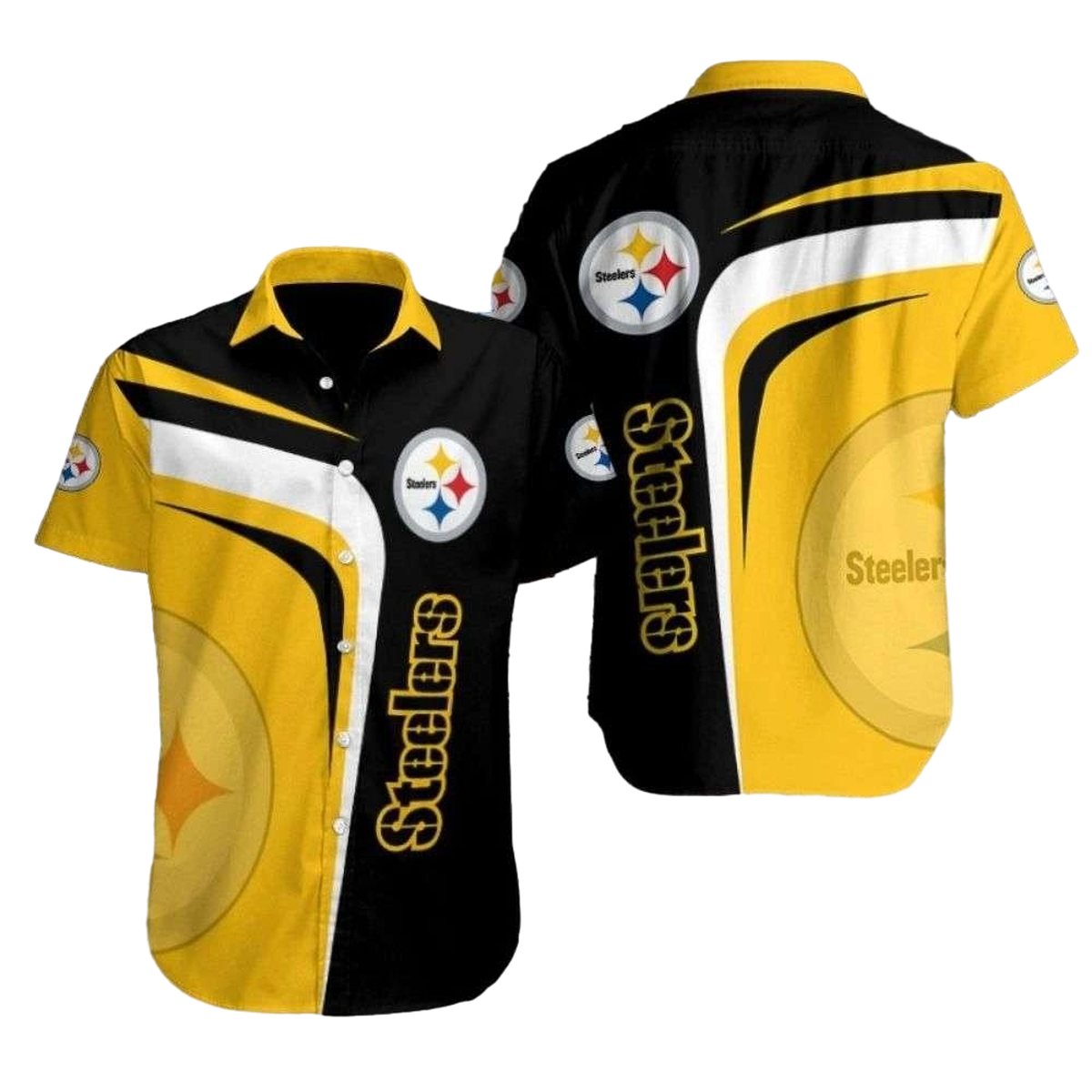 Pittsburgh Steelers Dynamic Duo Tone Black White And Yellow Hawaiian Shirt - Moonbestprint