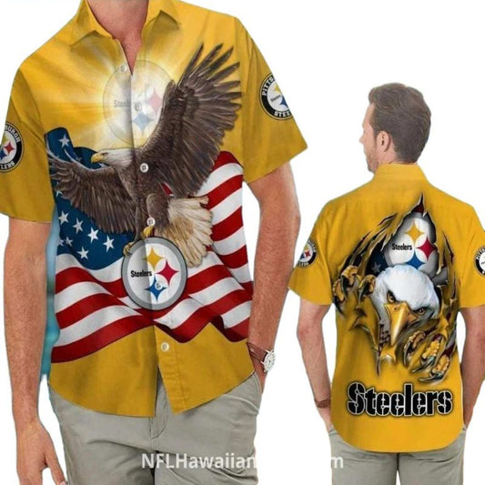 Pittsburgh Steelers Eagle And American Flag Hawaiian Shirt - Moonbestprint