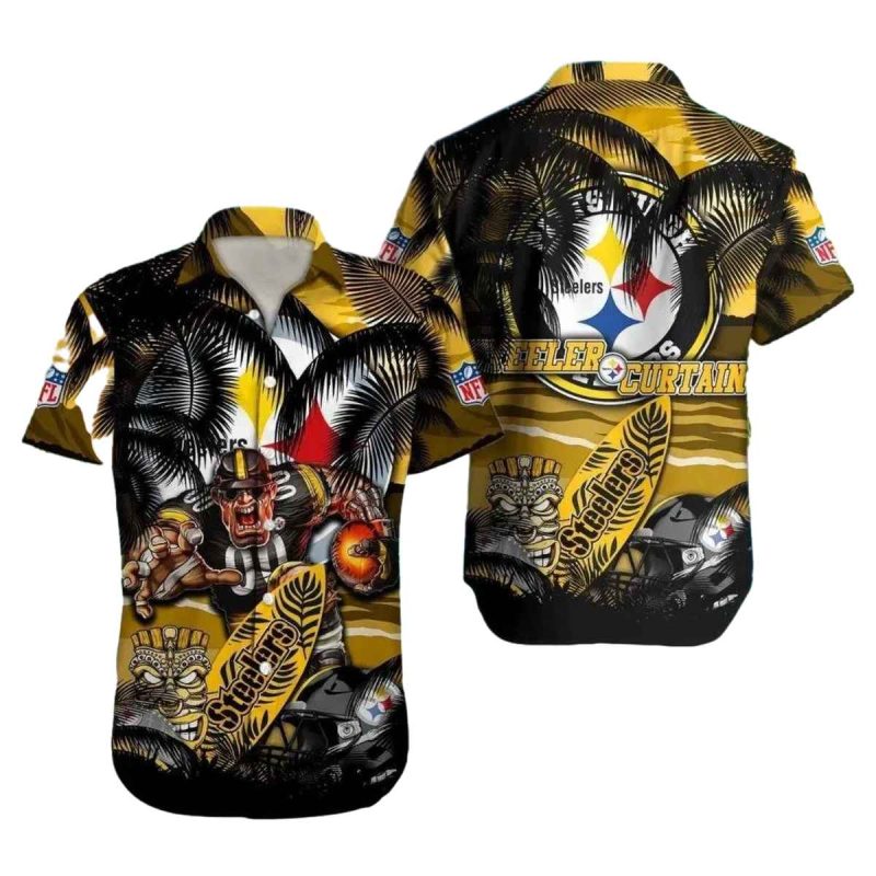 Pittsburgh Steelers Fearsome Player And Tiki Art Hawaiian Shirt - Moonbestprint