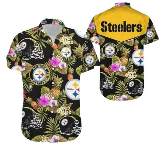 Pittsburgh Steelers Floral And Helmet Pattern Hawaiian Shirt - Moonbestprint