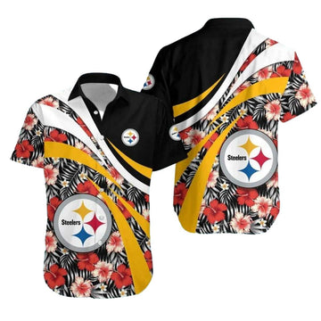 Pittsburgh Steelers Floral Hibiscus Pattern Black Gold Hawaiian Shirt - Moonbestprint