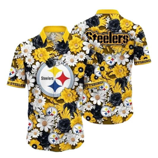 Pittsburgh Steelers Floral Midnight Yellow Hawaiian Shirt - Moonbestprint