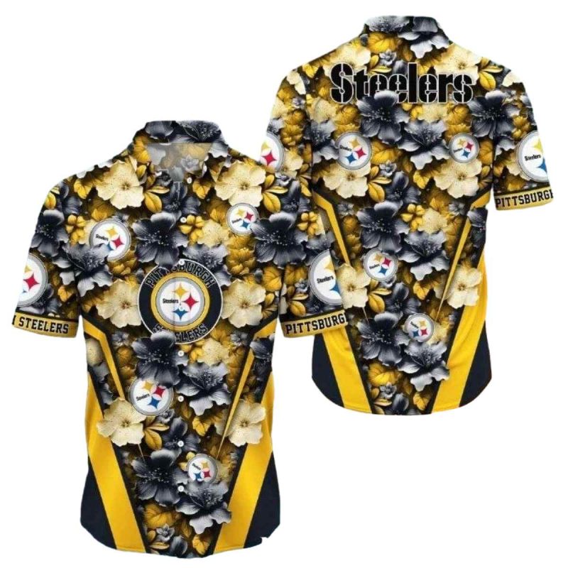 Pittsburgh Steelers Floral Steel Elegant Black And Gold Hawaiian Shirt - Moonbestprint