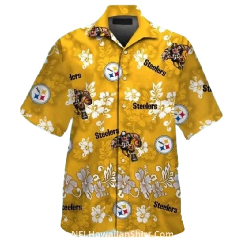 Pittsburgh Steelers Gold With Floral And Mascot Yellow Hawaiian Shirt - Moonbestprint
