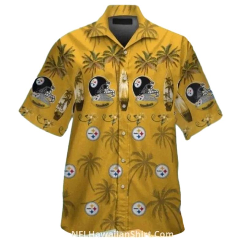 Pittsburgh Steelers Gold With Helmets And Palm Trees Hawaiian Shirt - Moonbestprint