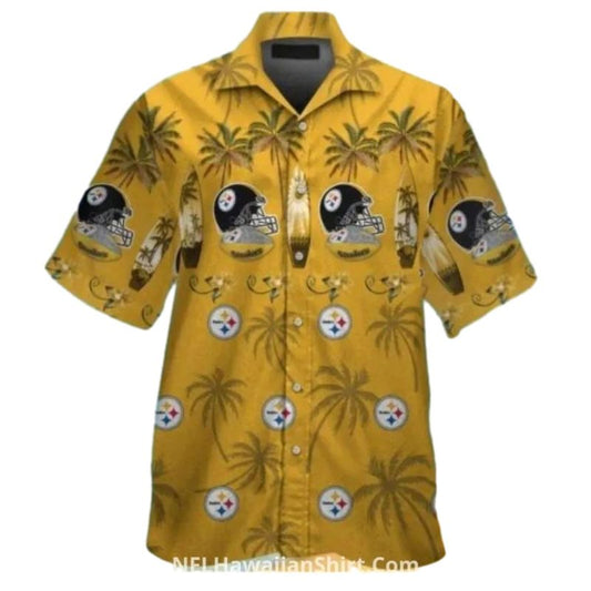 Pittsburgh Steelers Gold With Helmets And Palm Trees Hawaiian Shirt - Moonbestprint