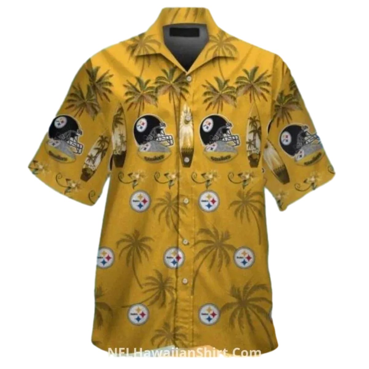 Pittsburgh Steelers Gold With Helmets And Palm Trees Hawaiian Shirt - Moonbestprint