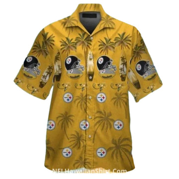 Pittsburgh Steelers Gold With Helmets And Palm Trees Hawaiian Shirt - Moonbestprint