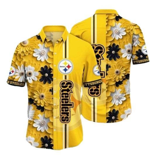 Pittsburgh Steelers Golden Petals Floral Yellow Hawaiian Shirt - Moonbestprint