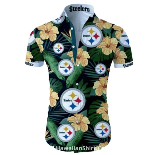 Pittsburgh Steelers Green Leaves And Yellow Hibiscus Hawaiian Shirt - Moonbestprint