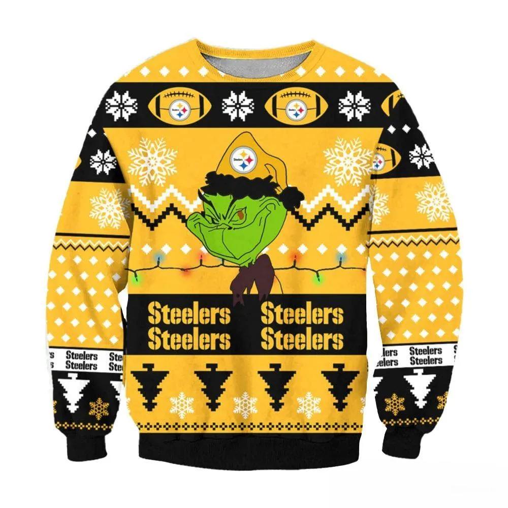 Pittsburgh Steelers Grinch Cunningly Smile Nfl Ugly Christmas Sweater, NFL Christmas Sweater Moonbestprint