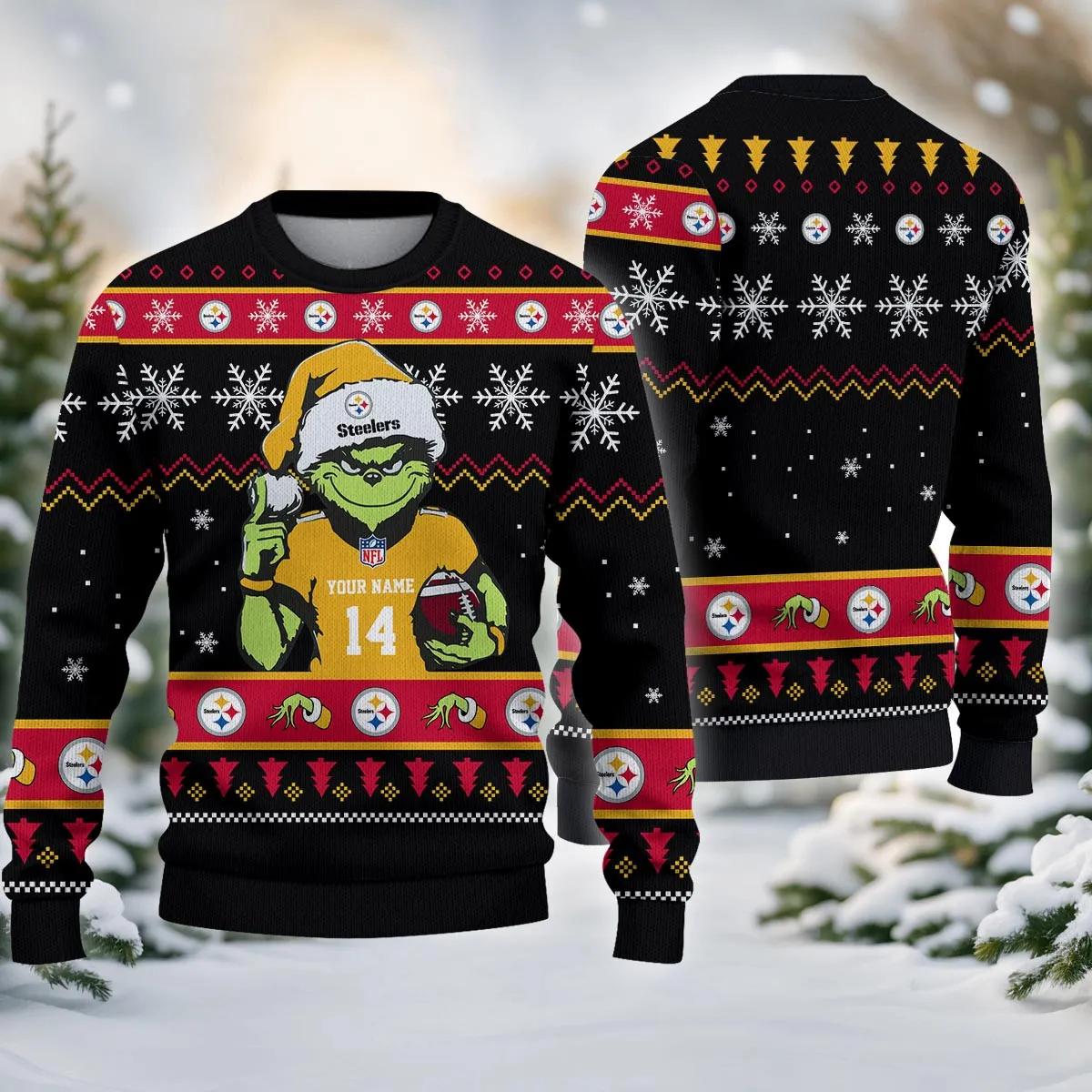 Pittsburgh Steelers Grinch Custom Ugly Christmas Sweater, NFL Christmas Sweater Moonbestprint