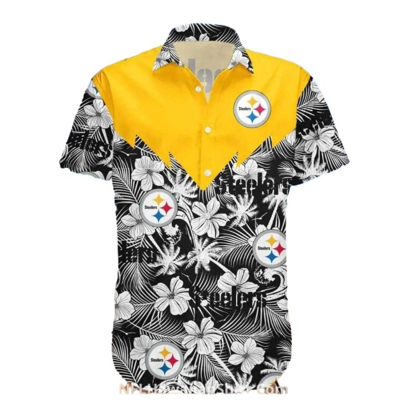 Pittsburgh Steelers Hibiscus And Palm Tree Design Hawaiian Shirt - Moonbestprint