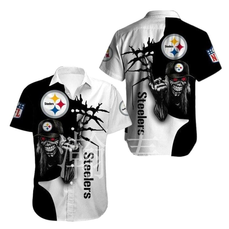 Pittsburgh Steelers Iron Skull Black And White Hawaiian Shirt - Moonbestprint