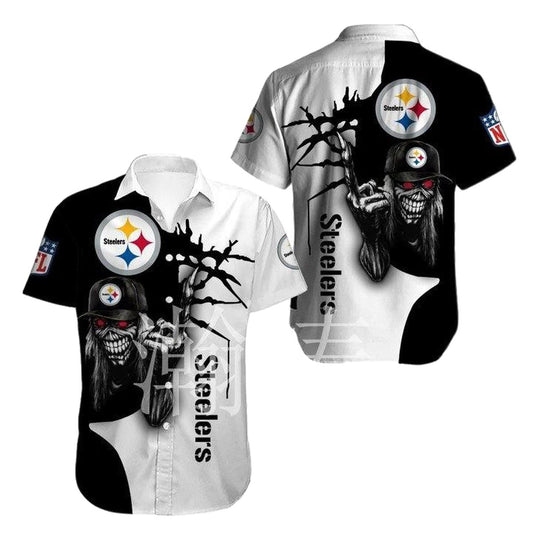 Pittsburgh Steelers Iron Skull Black And White Hawaiian Shirt - Moonbestprint