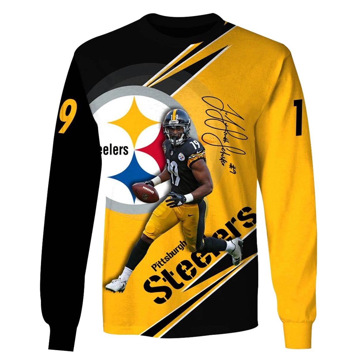 Pittsburgh Steelers Juju Smith Schuster No 19 Signature Yellow And Black AOP Sweatshirt - Moonbestprint