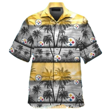 Pittsburgh Steelers Logo And Gold Palm Sunset Hawaiian Shirt - Moonbestprint
